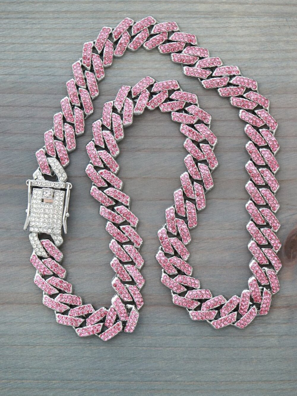 15mm 20inches Cuban Ice Point Curb Diamond Chain Silver with Pink Rhinestones